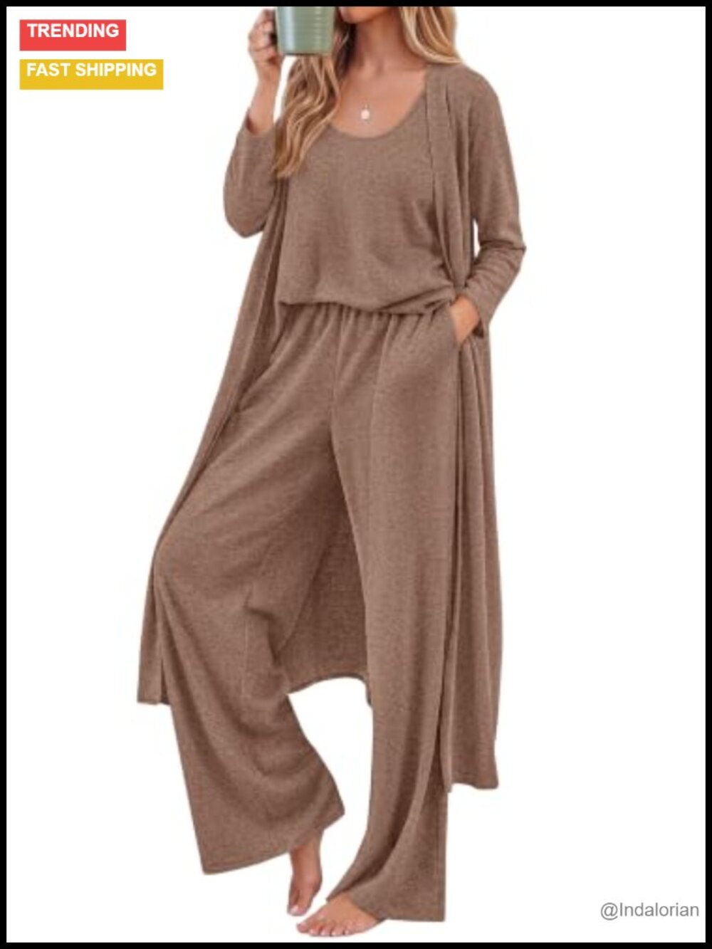 3 Piece Lounge Set Open Front Cardigan Tank Top Wide Leg Pants Travel Outfit